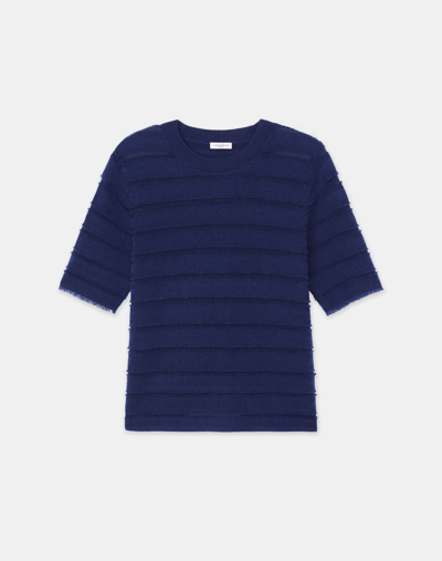 Shop Lafayette 148 Cashmere & Finespun Voile Stripe Jacquard Fringed Sweater In Midnight Blue
