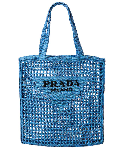 Shop Prada Logo Raffia Tote In Blue
