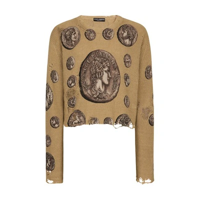 Shop Dolce & Gabbana Linen Crewneck Sweater With Print In Monete_fdo_beige