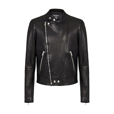 Shop Balmain Leather Biker Jacket With Zipper In Black