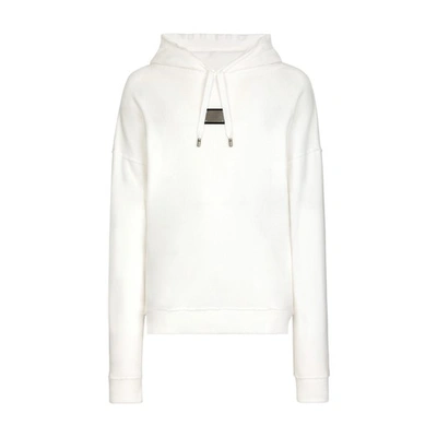 Shop Dolce & Gabbana Hooded Sponge Jersey Sweatshirt With Logo Plaque In White