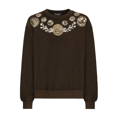 Shop Dolce & Gabbana Reverse Jersey Sweatshirt With Coins Print In Brown