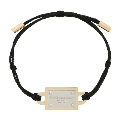 Shop Dolce & Gabbana Cord Bracelet With  Plate In Nero_oro