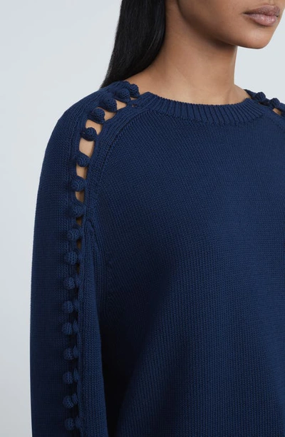Shop Lafayette 148 Crochet Button Detail Cotton & Silk Sweater In Midnight Blue