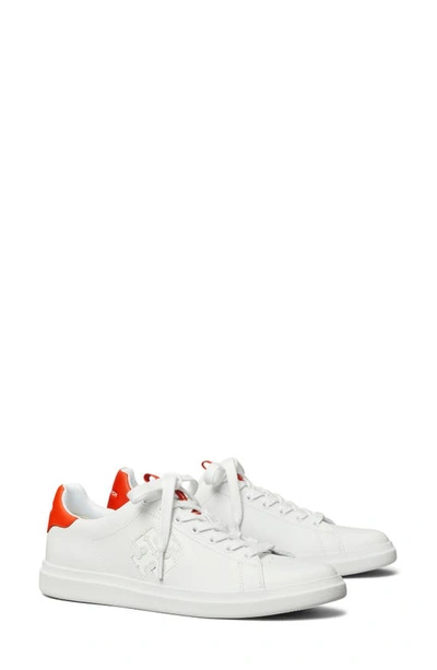 Shop Tory Burch Double T Howell Court Sneaker In White / Desert Flower Orange
