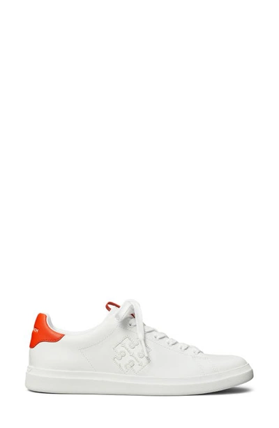 Shop Tory Burch Double T Howell Court Sneaker In White / Desert Flower Orange
