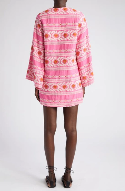 Shop Johanna Ortiz Apurimac Embroidered Long Sleeve Minidress In Tropic Pink/ Ecru