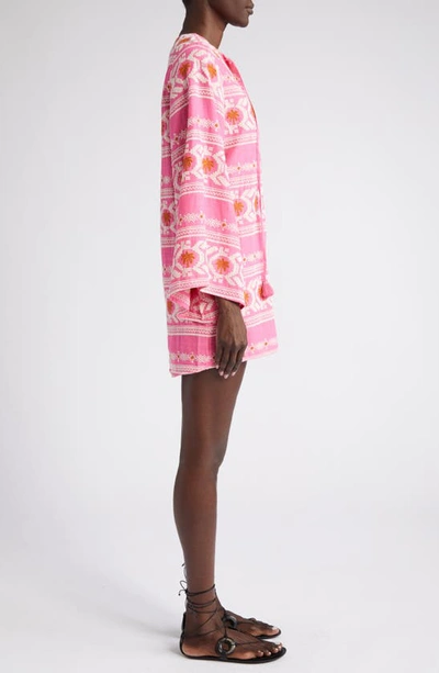 Shop Johanna Ortiz Apurimac Embroidered Long Sleeve Minidress In Tropic Pink/ Ecru