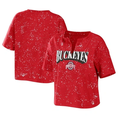 Shop Wear By Erin Andrews Scarlet Ohio State Buckeyes Bleach Wash Splatter Cropped Notch Neck T-shirt