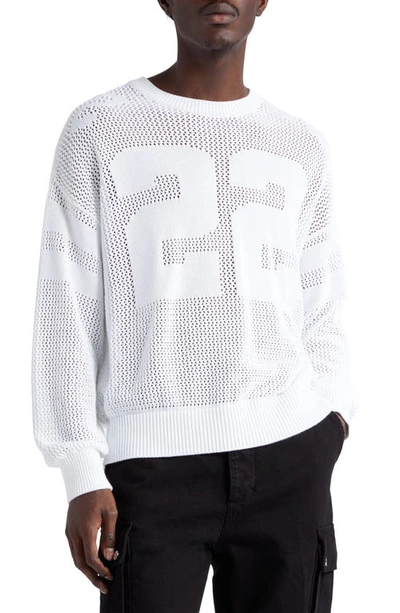 Shop Amiri Tiger Patch Long Sleeve Cotton Mesh Sweater In White