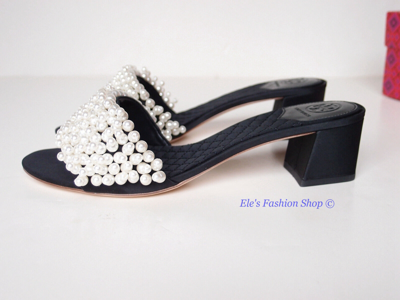 Pre-owned Tory Burch Tatiana Pearls Satin Slide Sandal W/ Block Heels Black Us 7 8 9