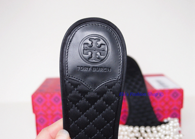 Pre-owned Tory Burch Tatiana Pearls Satin Slide Sandal W/ Block Heels Black Us 7 8 9