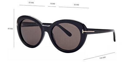 Pre-owned Tom Ford Ft1009 Lily-02 Sunglasses Shiny Black/t Logo Smoke 55mm In Gray