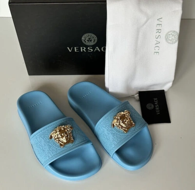 Pre-owned Versace $450  Gold Medusa Head Slides Sandals Sky Blue 9 Us (39) 1004190 It