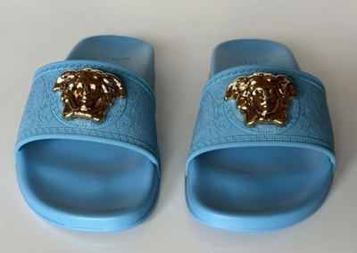 Pre-owned Versace $450  Gold Medusa Head Slides Sandals Sky Blue 9 Us (39) 1004190 It