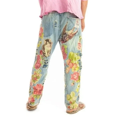 Pre-owned Magnolia Pearl Pants 371 Cotton Floral Applique Distressing Denims Blue