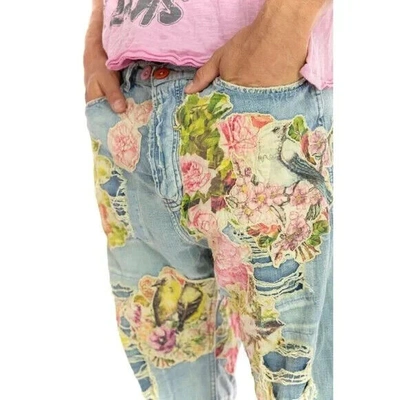 Pre-owned Magnolia Pearl Pants 371 Cotton Floral Applique Distressing Denims Blue