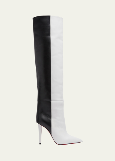 Shop Christian Louboutin Astrilarge Botta Red Sole Two-tone Leather Knee-high Boots In Bianco/black