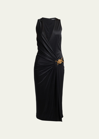Shop Versace Wrap-front Jersey Midi Dress With Medusa Detail In Black