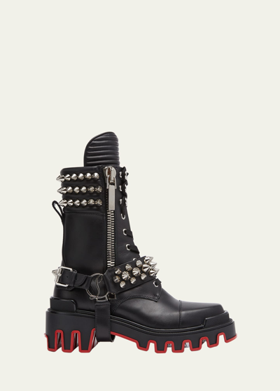 Shop Christian Louboutin Janetta Red Sole Spike Leather Biker Boots In Black