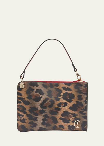 Shop Christian Louboutin Leopard-print Leather Pouch Top-handle Bag In Brown/gold