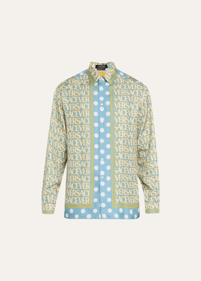 Shop Versace Men's  Allover Silk Shirt In Light Blueivory