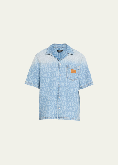 Shop Versace Men's Allover-logo Denim Camp Shirt In Light Blue