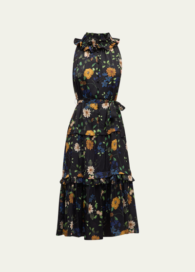 Shop Kobi Halperin Ryan Tiered Sleeveless Floral-print Midi Dress In Black Multi