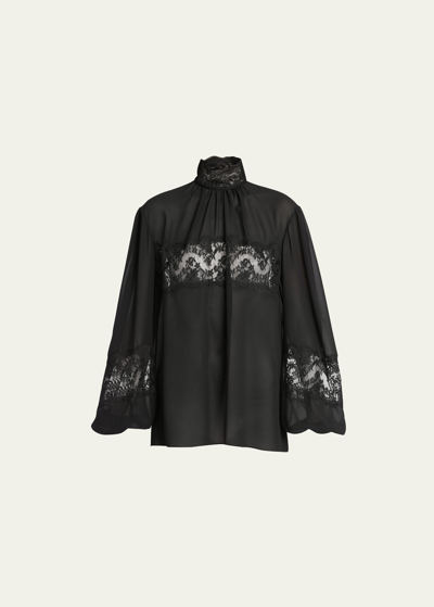 Shop Dolce & Gabbana Georgette Silk Top With Lace Details In Black