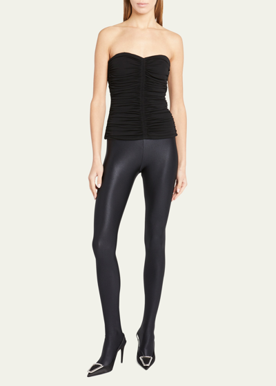 Shop Saint Laurent Shiny Footed Leggings With Logo Band In Nero