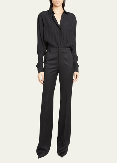 Shop Saint Laurent Silk Button-front Shirt With Logo Stripes In Nero