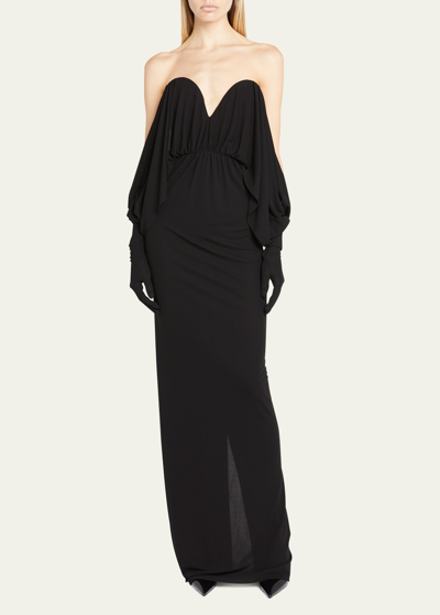 Shop Saint Laurent Off-shoulder Gown With Glove Sleeves In Nero