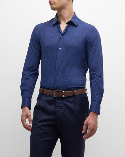 Shop Emporio Armani Men's Linen-print Stretch Sport Shirt In Solid Medium Blue
