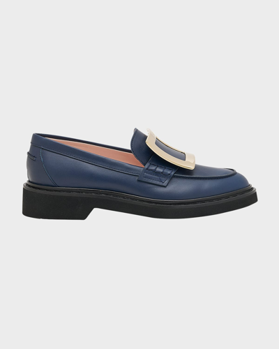 Shop Roger Vivier 25mm Viv Rangers Buckle Leather Loafers In Pageant Blue