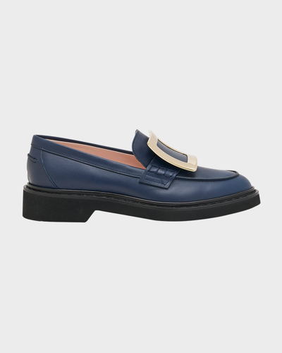 Roger Vivier 25mm Viv Rangers Buckle Leather Loafers In Pageant Blue