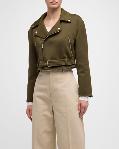 Shop Max Mara Spezie Jersey Cropped Moto Jacket In Olive Green