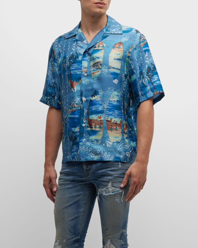 Shop Amiri Men's Graphic Bandana Bowling Shirt In Blue