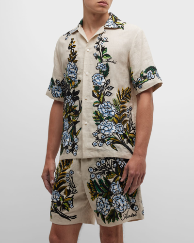 Shop Amiri Men's Embroidered Floral Bowling Shirt In Alabaster