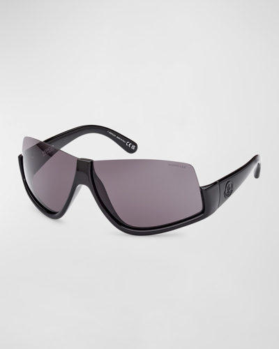 Shop Moncler Men's Vyzer Half-rim Acetate Shield Sunglasses In Shiny Black Smoke