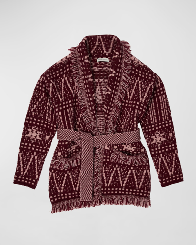 Shop Golden Goose Girl's Mixed Wool Belted Cardigan In Windsor Wine Shad