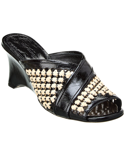 Shop Tory Burch Woven Raffia & Leather Wedge Sandal In Black