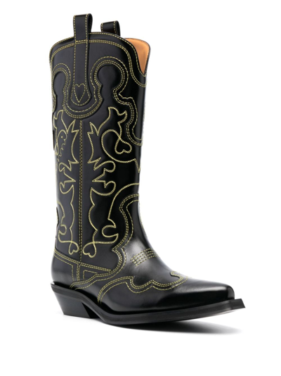Shop Ganni Embroidered Leather Western Boots In Black