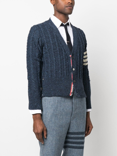 Shop Thom Browne 4-bar Cable Knit Wool Cardigan In Blue