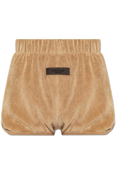 Shop Essentials Fear Of God  Logo Patch Velour Shorts In Beige