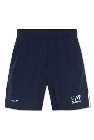 Shop Ea7 Emporio Armani Logo Printed Elasticated Waist Track Shorts In Navy