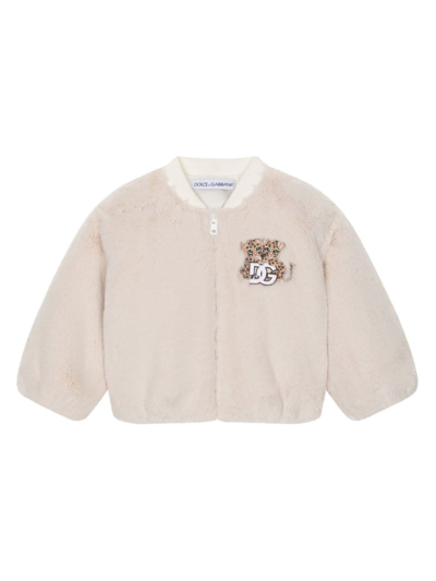 Dolce & Gabbana Logo-patch Faux-fur Jacket In Neutrals