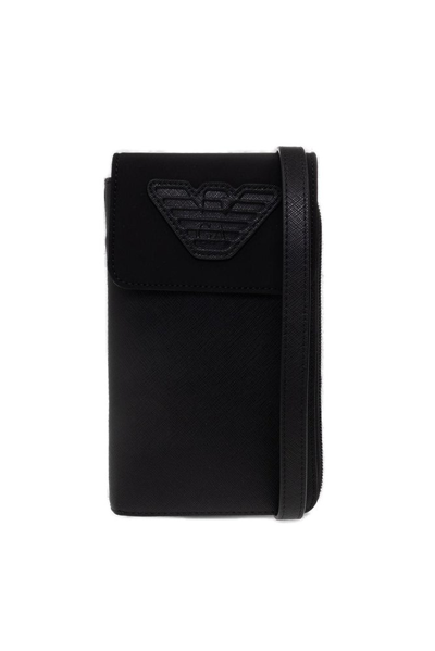 Shop Emporio Armani Neck Strap Logo Zipped Wallet In Black