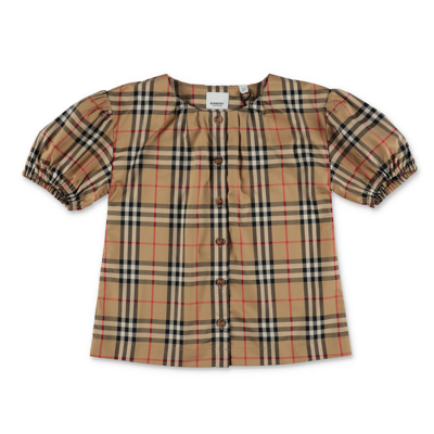 Shop Burberry Kids Checkered Puff Sleeved Twill Blouse In Multi