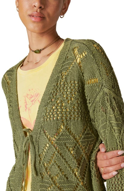 Shop Lucky Brand Open Stitch Tie Front Cotton Cardigan In Four Leaf Clover Acid Wash