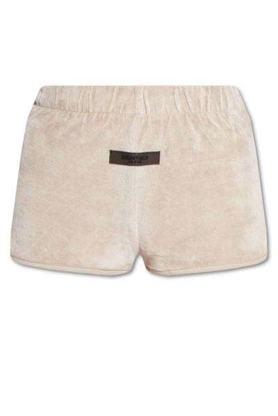 Shop Essentials Fear Of God  Logo Patch Velour Shorts In Grey